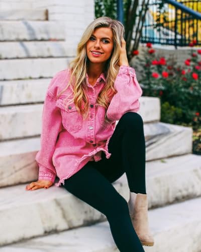 Vetinee Women's Pink Ladies Jacket Oversized Boyfriend Magenta Pink Front Button Up Frayed Raw Hem Long Sleeve Pockets Denim Jean Jacket Shacket Large Size 12 Size 14 - Image 5