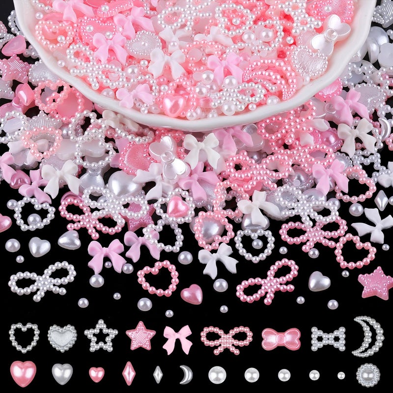 1200Pcs 3D Multi Shapes Nail Charms and Flatback Pearls WhitePink Mix Styles Heart Star Bow Sunflower Embellishments for Nail Art Craft and Decoration with Tweezer and Pickup Pencil