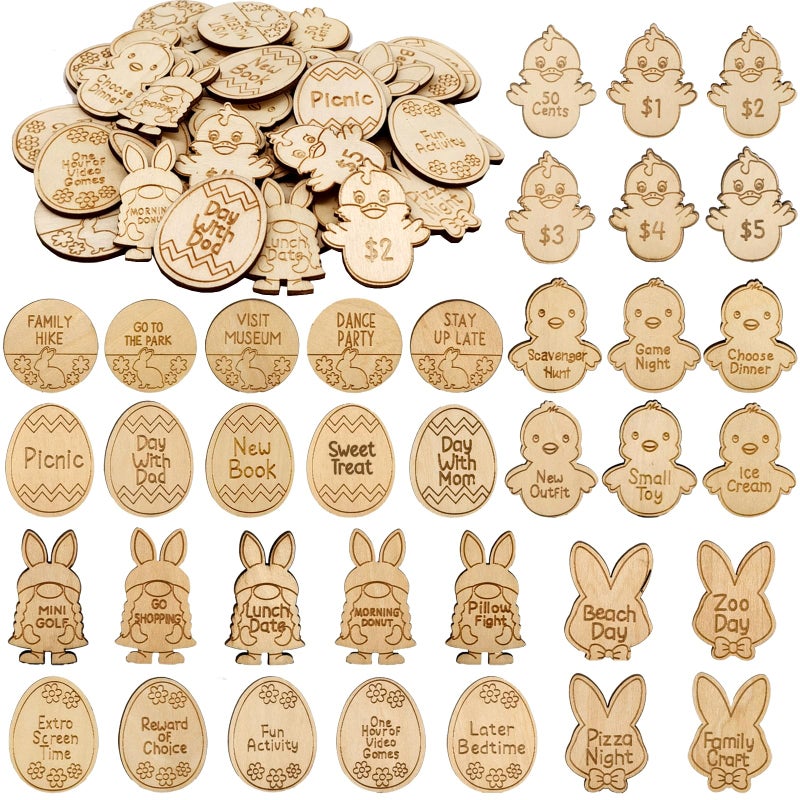 Medoore 36 Pieces Easter Basket Egg Tokens Easter Reward Tokens Easter Egg Tokens Easter Egg Fillers with 36 Different Engraved Sayings 7 Different Colorful Designs for Easter Day - Image 1