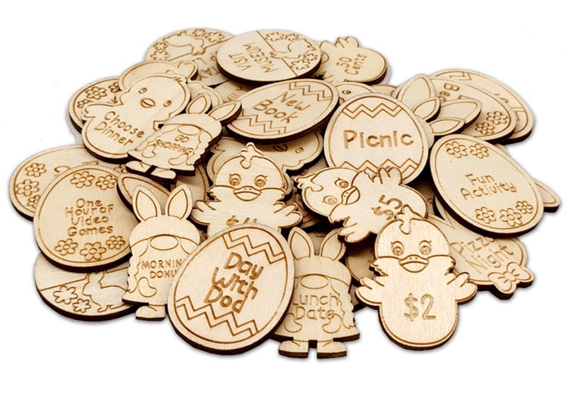 Medoore 36 Pieces Easter Basket Egg Tokens Easter Reward Tokens Easter Egg Tokens Easter Egg Fillers with 36 Different Engraved Sayings 7 Different Colorful Designs for Easter Day - Image 3