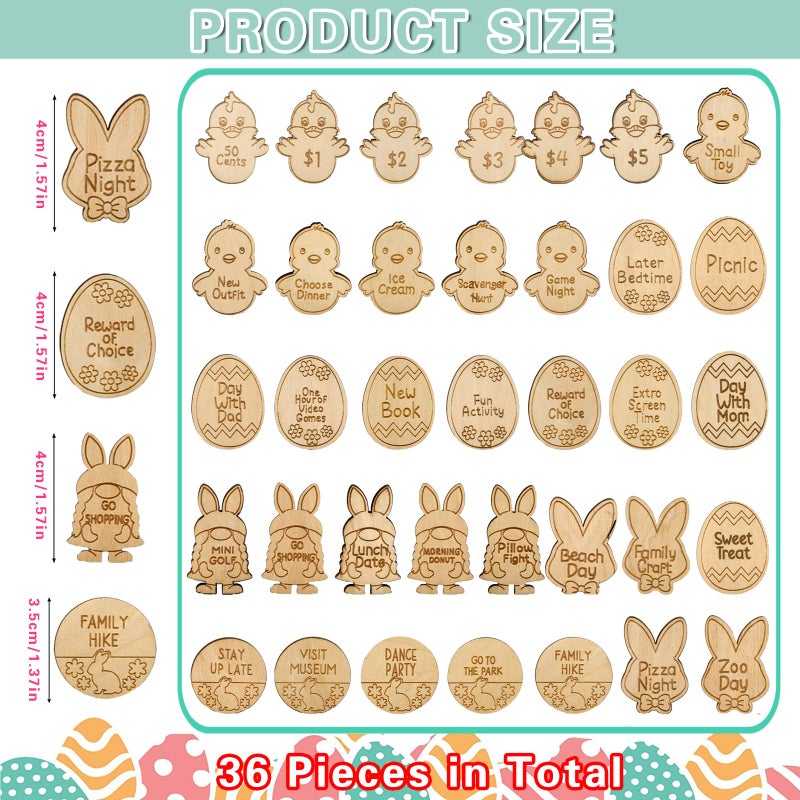 Medoore 36 Pieces Easter Basket Egg Tokens Easter Reward Tokens Easter Egg Tokens Easter Egg Fillers with 36 Different Engraved Sayings 7 Different Colorful Designs for Easter Day - Image 2