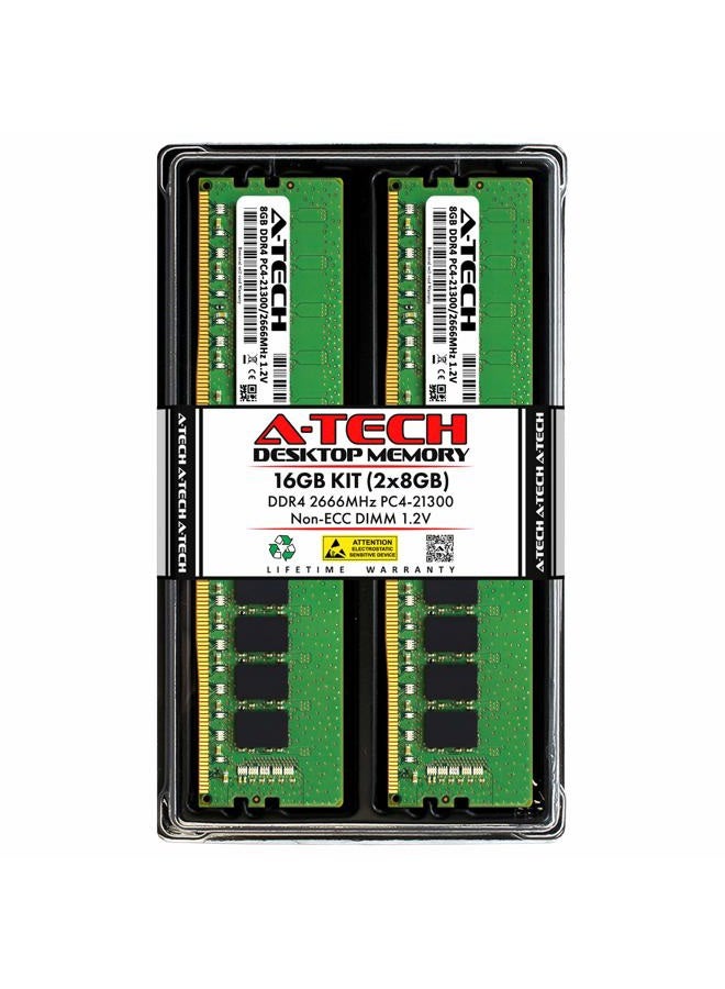 A-TECH 16GB (2x8GB) DDR4 2666MHz DIMM PC4-21300 UDIMM Non-ECC 1.2V CL19 288-Pin Desktop Computer RAM Memory Upgrade Kit - Image 1