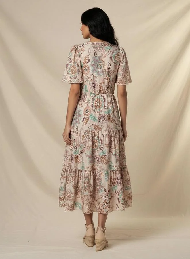 Splash FAV  Tiered Midi Viscose Wrap Dress with Floral Print for Women | Best Price UAE