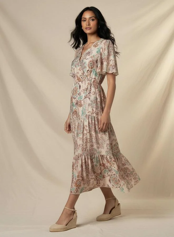 سبلاش فيڤ Tiered Midi Viscose Wrap Dress with Floral Print