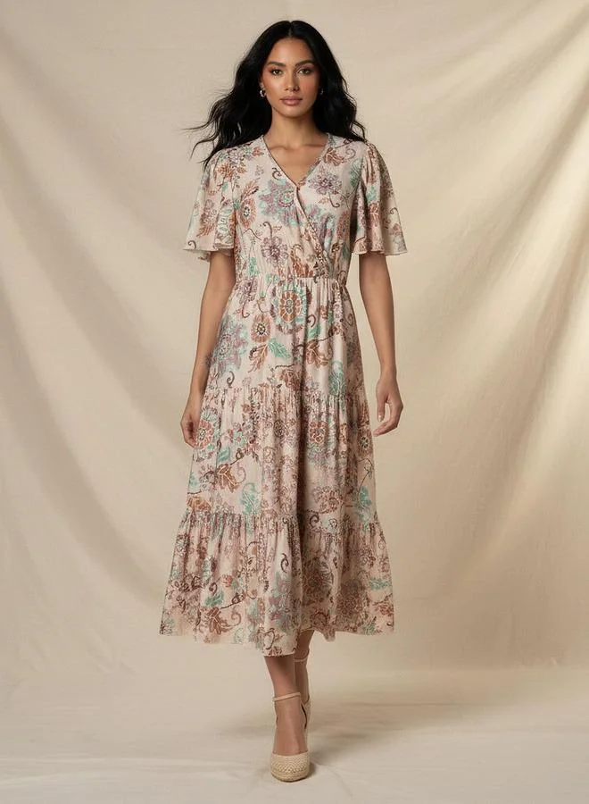 سبلاش فيڤ Tiered Midi Viscose Wrap Dress with Floral Print