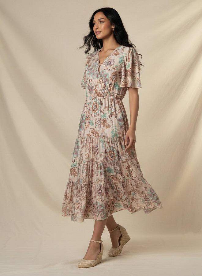 Splash FAV Tiered Midi Viscose Wrap Dress with Floral Print - Image 5