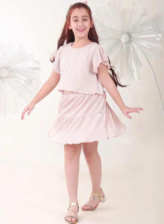 Bonkids BONKIDS Peach Satin Fit & Flare Dress with Flutter Sleeves