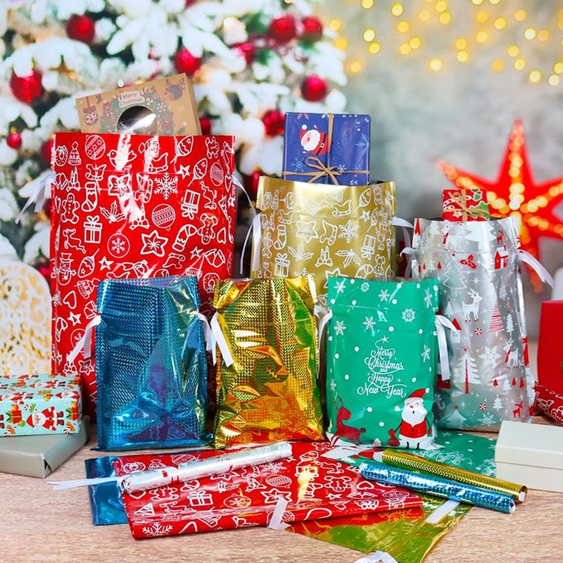 HRX Package 30pcs Foil Drawstring Christmas Gift Bags Assorted Sizes, Holiday Gift Wrapping Sacks Xmas Pouches for Presents - Image 5