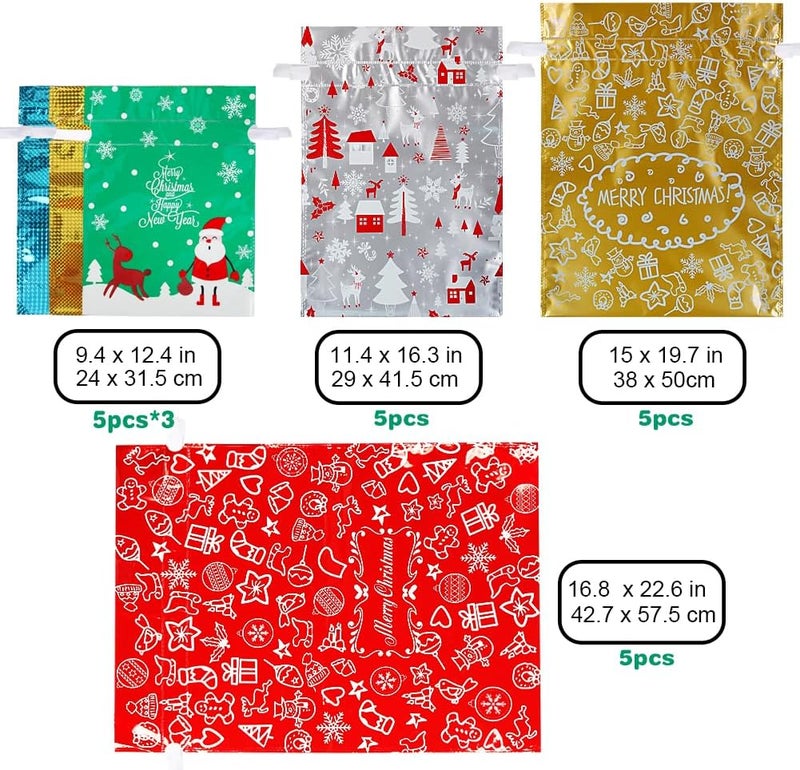 HRX Package 30pcs Foil Drawstring Christmas Gift Bags Assorted Sizes, Holiday Gift Wrapping Sacks Xmas Pouches for Presents - Image 4