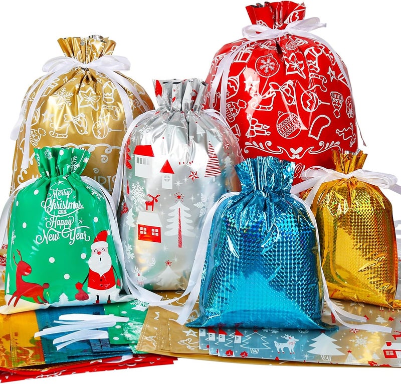 HRX Package 30pcs Foil Drawstring Christmas Gift Bags Assorted Sizes, Holiday Gift Wrapping Sacks Xmas Pouches for Presents - Image 1