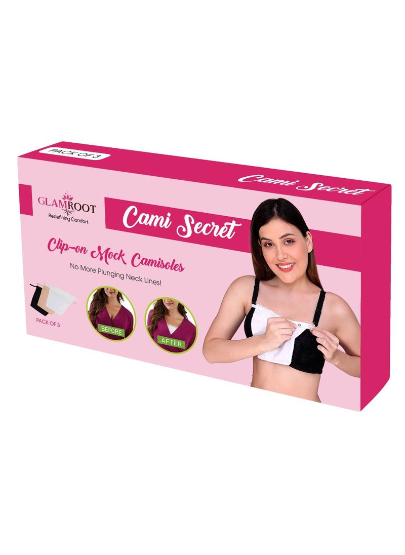 Glamroot - Women's Cotton Camisole Cleavage Cover Clip-on Mock Lace Camisecret - Set of 3 (Black, Dark Grey, Navy Blue) - Image 1