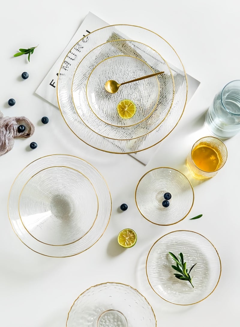 nihao 6-Piece Glass Plates Clear 21x2.7 cm, Lead-free Crystal Glass, Dessert, Salad, Appetizer Plate, Elegant Textured Glass Design, Stackable Plates For Special Occasion, Dishwasher Safe - Gold Edge  - Image 2