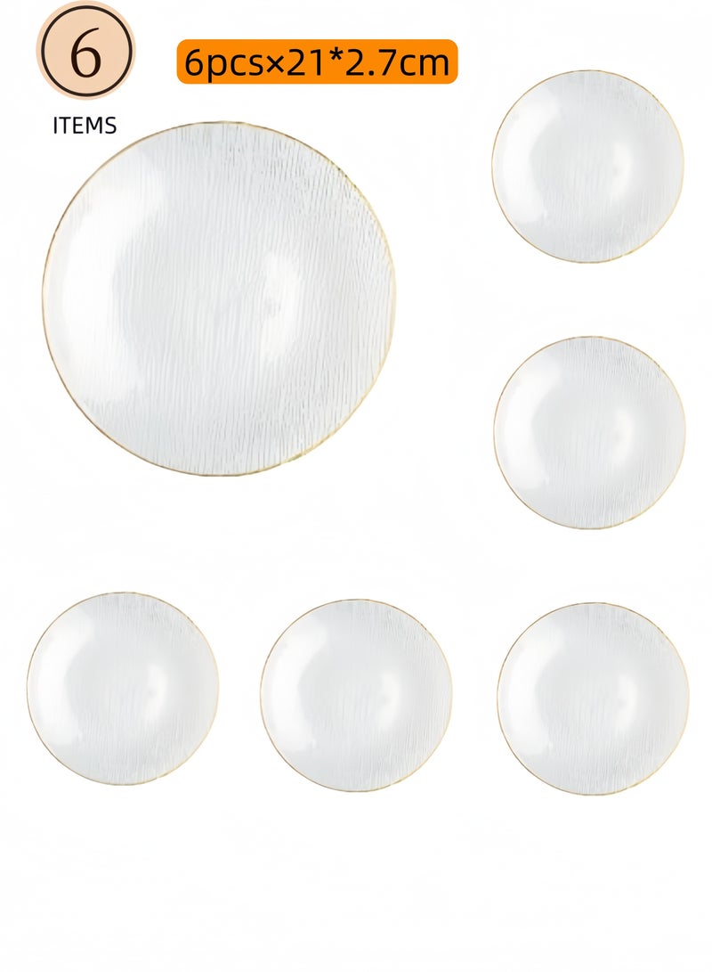 nihao 6-Piece Glass Plates Clear 21x2.7 cm, Lead-free Crystal Glass, Dessert, Salad, Appetizer Plate, Elegant Textured Glass Design, Stackable Plates For Special Occasion, Dishwasher Safe - Gold Edge  - Image 1