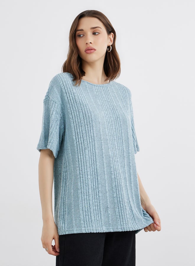 Take Two Blue Oversized Knit T-Shirt - Image 3