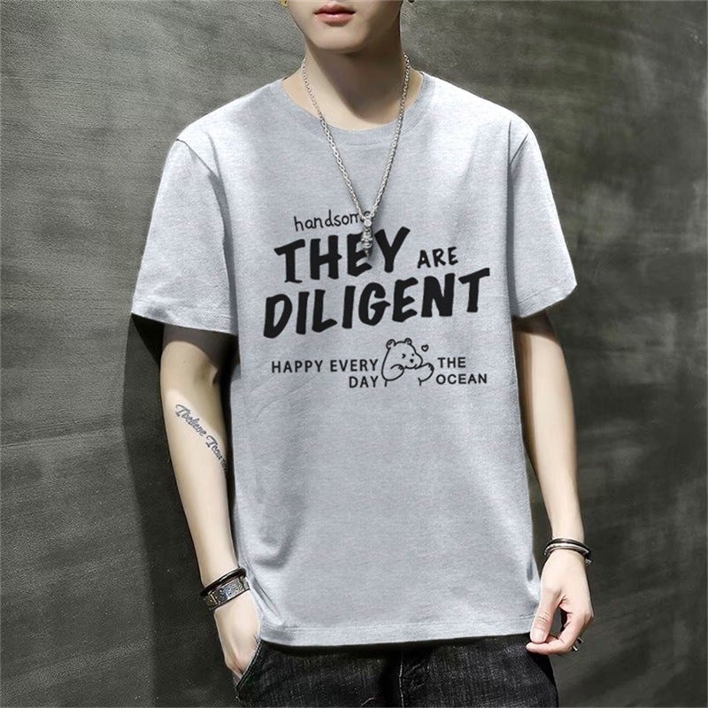 2024 Summer New Short-sleeved T-shirt Men's Loose Top Student's Simple Milk Silk Printed T-shirt Men's Round Neck