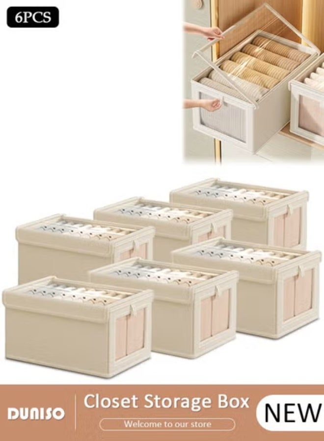 DUNISO 6 Pack Foldable Wardrobe Storage Boxes with Clear Lid & See-Through Window, Washable Stackable Clothes Organizer Bins with Portable Handles, Multipurpose Cube Storage Containers for Bedroom, Wardrobe, Office and Household Garment Arrangement - Image 1