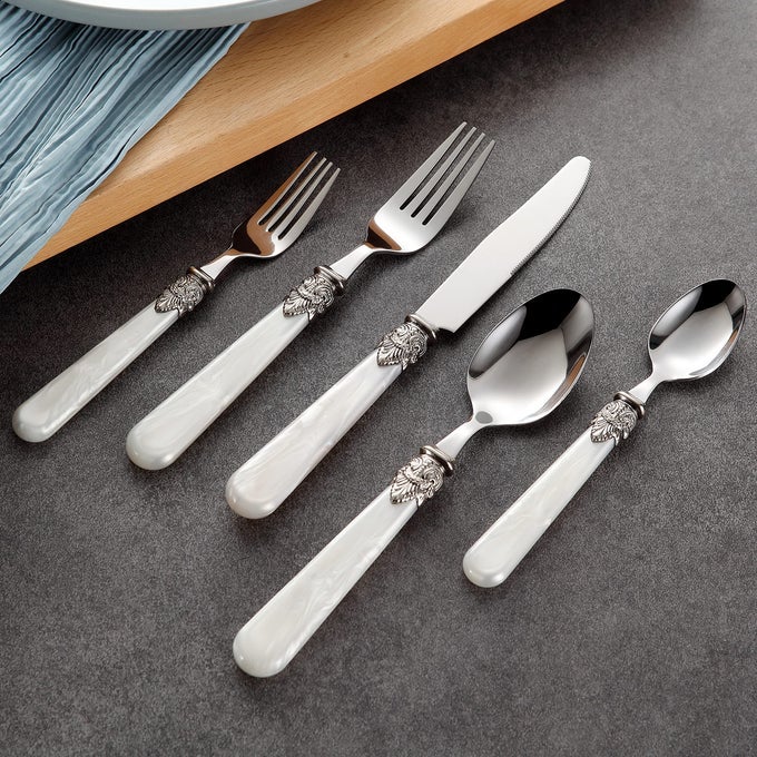REVERIE COLLECTION 1810 STAINLESS STEEL VINTAGE FLATWARE SETSLIVERWARE SETDISHWASHER SAFE 40 PEARL WHITE