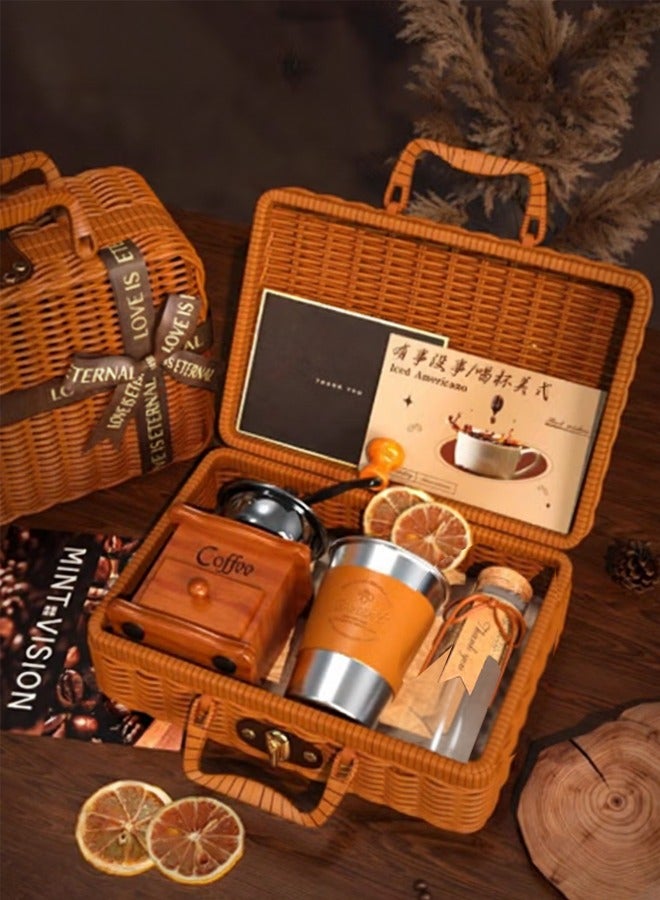 مجموعة سلة هدايا ماكينة القهوة مع صندوق هدايا محمول باليد، مجموعة ملحقات تحضير القهوة يدويًا، هدية لمحبي القهوة، هدية عيد ميلاد أو زفاف أو تذكار للحفلات - Image 1