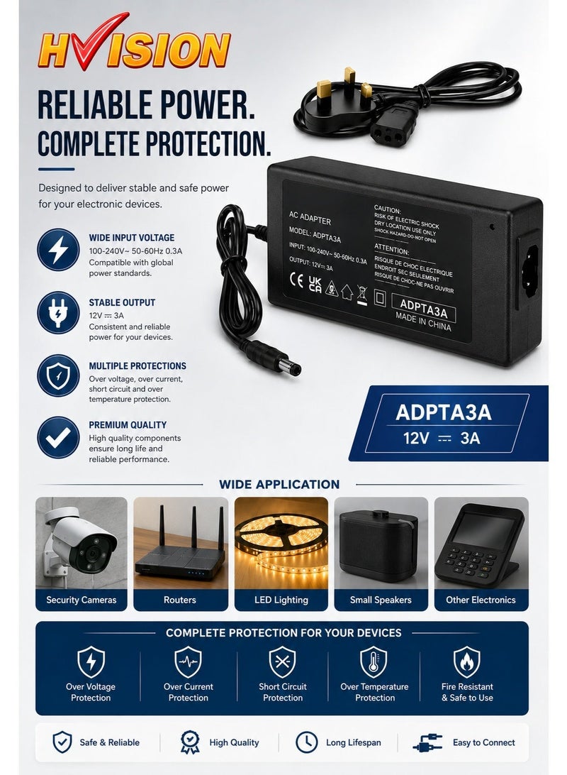 Hivision 12V 3A Power Supply Adapter – AC 100-240V to DC 12V 36W Universal Power Adapter with UK Plug & 5.5×2.1mm DC Connector for CCTV Cameras, LED Strips, Routers, DVR, NVR & Electronic Devices - Image 2