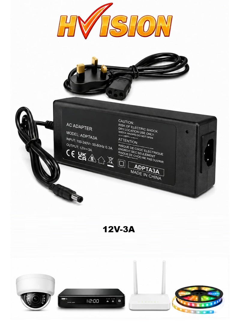 Hivision 12V 3A Power Supply Adapter – AC 100-240V to DC 12V 36W Universal Power Adapter with UK Plug & 5.5×2.1mm DC Connector for CCTV Cameras, LED Strips, Routers, DVR, NVR & Electronic Devices - Image 1