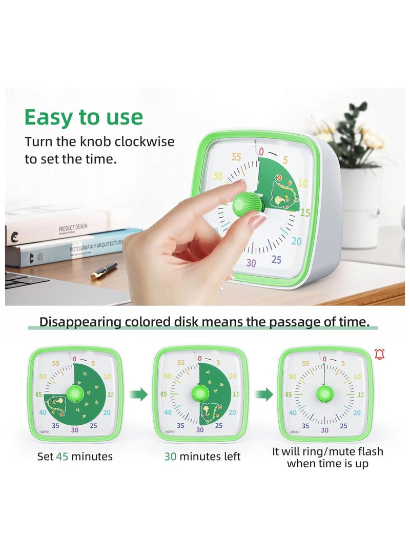 Kitchen Timer, Visual Timer with Night Light, 60-Minute Countdown Timer for Kids and Adults, Silent Classroom Timer, Pomodoro Timer with Dinosaur Pattern for Home, School, Kitchen, or Office (Green) - Image 2