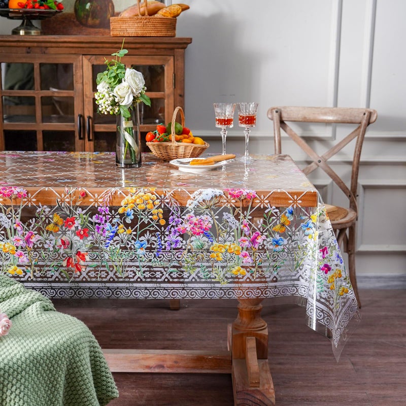ARTABLE Clear Table Cover Protector Vinyl PVC Rectangle Table Cloth with Floral Print Pattern Oil Proof Wipe-able Plastic Tablecloths for Dining Tables Parties Holidays (Flowers, 55 x 84 Inches) - Image 1
