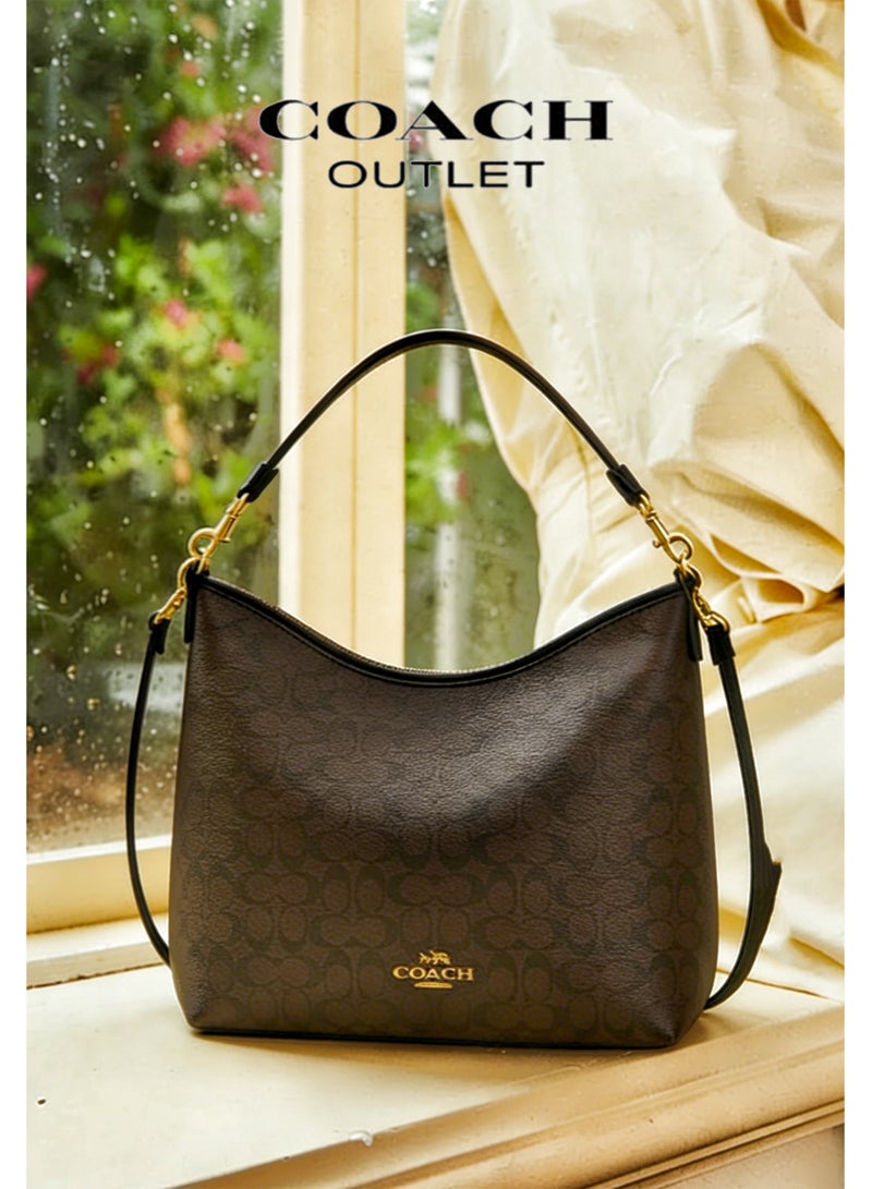 coachoutlet Coach Signature Canvas Hobo Bag for Women, Brown Coated Canvas with Black Leather Trims & Gold Tone Hardware, Detachable Strap, Luxury Designer Crossbody Handbag - Image 1