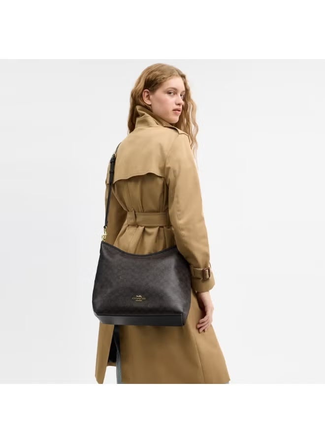 coachoutlet Coach Signature Canvas Hobo Bag for Women, Brown Coated Canvas with Black Leather Trims & Gold Tone Hardware, Detachable Strap, Luxury Designer Crossbody Handbag - Image 3