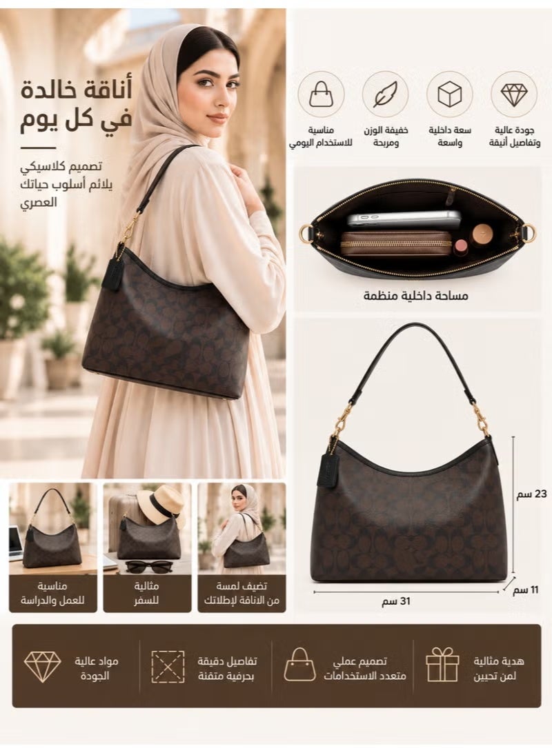 Brown Coated Canvas with Black Leather Trims & Gold Tone Hardware, Detachable Strap, crossbody bags, underarm bags,Women's Handbag