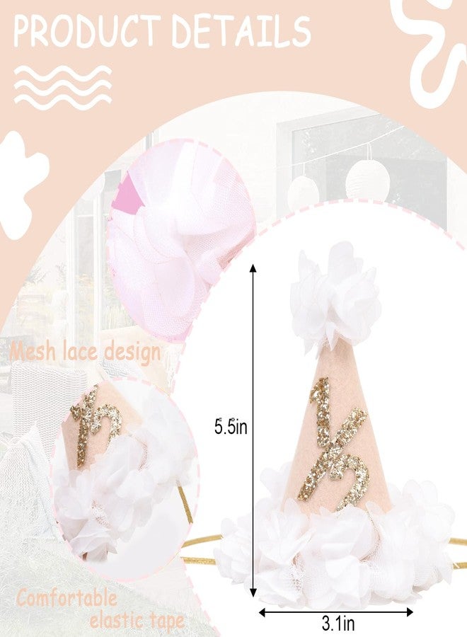 TERJIO White Flower 1/2 Birthday Hat - Baby Girl Half Birthday Decorations,6 Months Baby Birthday Flower Cone Hat,Gold Glitter 1/2 Birthday Photo Props,White Gauze Floral Half Way To One Party Hat - Image 2