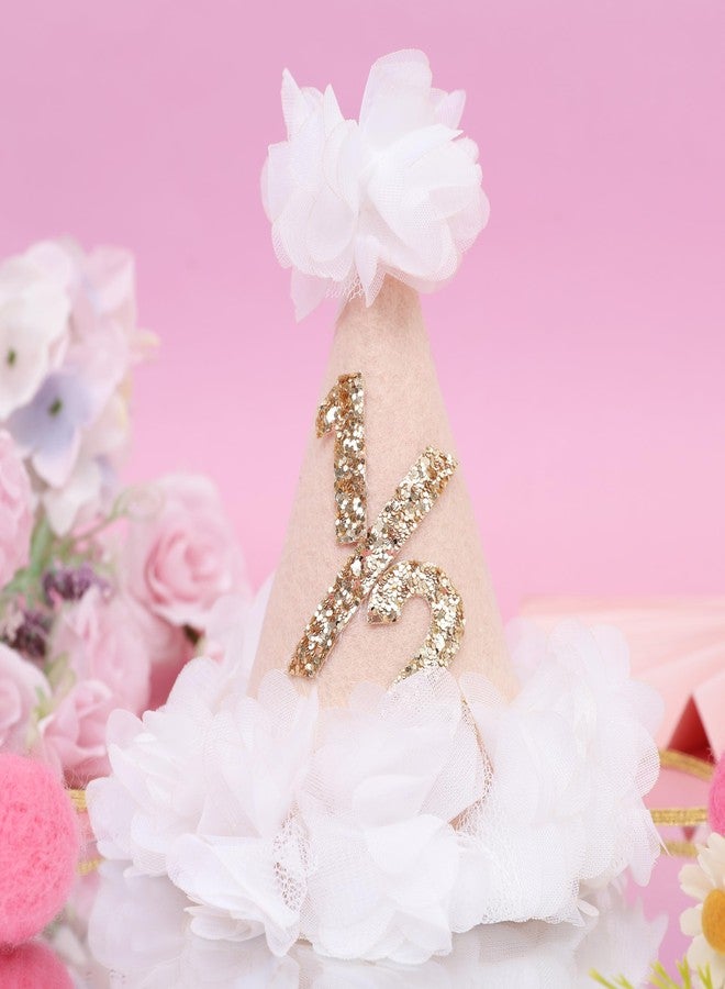 TERJIO White Flower 1/2 Birthday Hat - Baby Girl Half Birthday Decorations,6 Months Baby Birthday Flower Cone Hat,Gold Glitter 1/2 Birthday Photo Props,White Gauze Floral Half Way To One Party Hat - Image 1