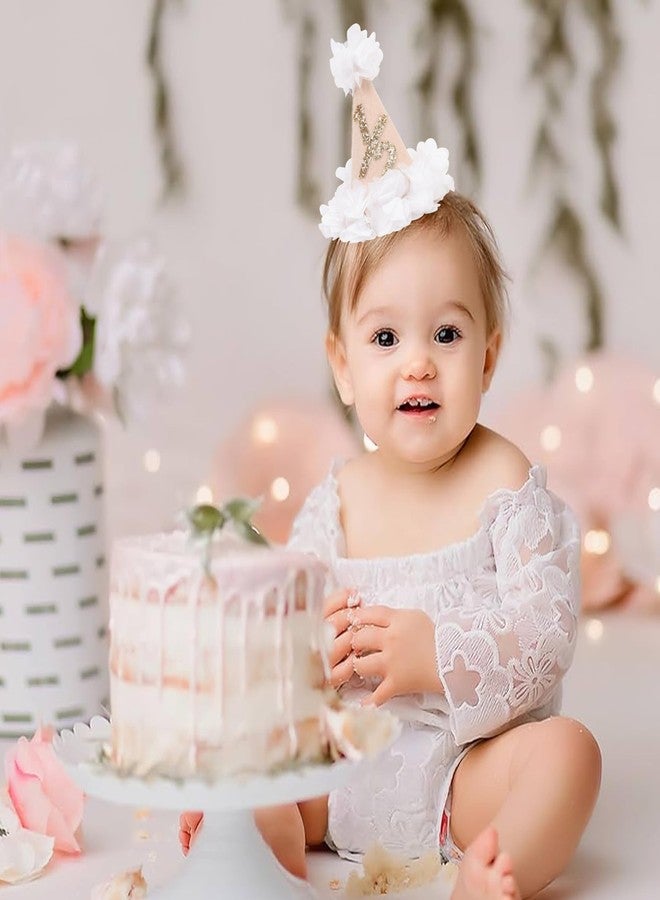 TERJIO White Flower 1/2 Birthday Hat - Baby Girl Half Birthday Decorations,6 Months Baby Birthday Flower Cone Hat,Gold Glitter 1/2 Birthday Photo Props,White Gauze Floral Half Way To One Party Hat - Image 5
