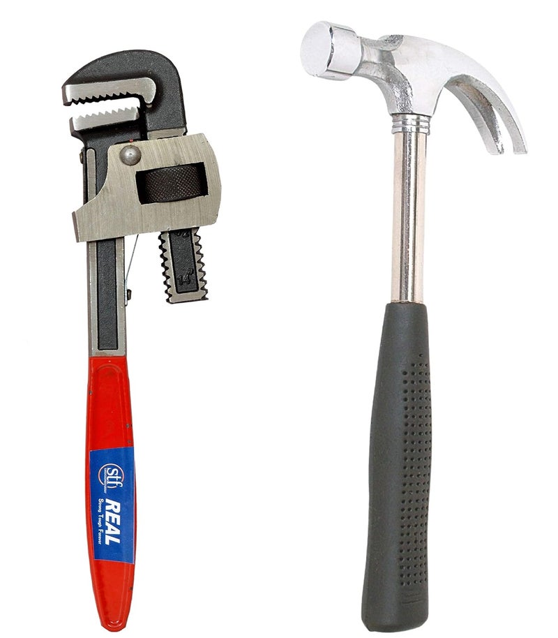REAL stf Multi Tool Kit -Pipe Wrench Stillson 12; Claw Hammer 1/2 lb Tubular Steel Handle with Rubber Grip Hand -2 Pieces" - Image 1