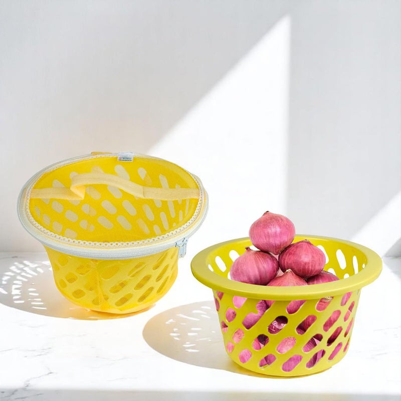 Go Hooked سلة تخزين شبكية بلاستيكية مع إغلاق بسحاب – منظم شبكي متعدد الاستخدامات للفواكه والخضروات والضروريات – تصميم متين وخفيف الوزن وقابل للتنفس للاستخدام في المنزل والمخزن (أصفر) - Image 1