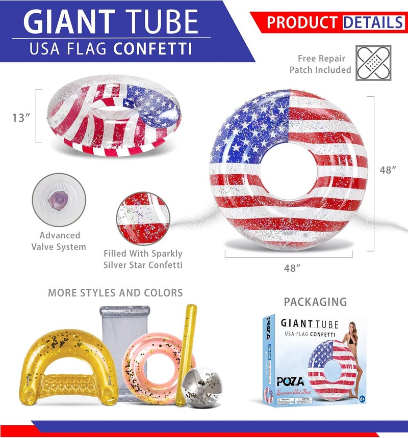 POZA Inflatable USA Pool Float - Luxurious Fun Lounger Filled with Sparkle Silver Stars Confetti, Cool USA Flag Design Water Swimming Pool Floaties for Beach, Lake & Pool - Image 2