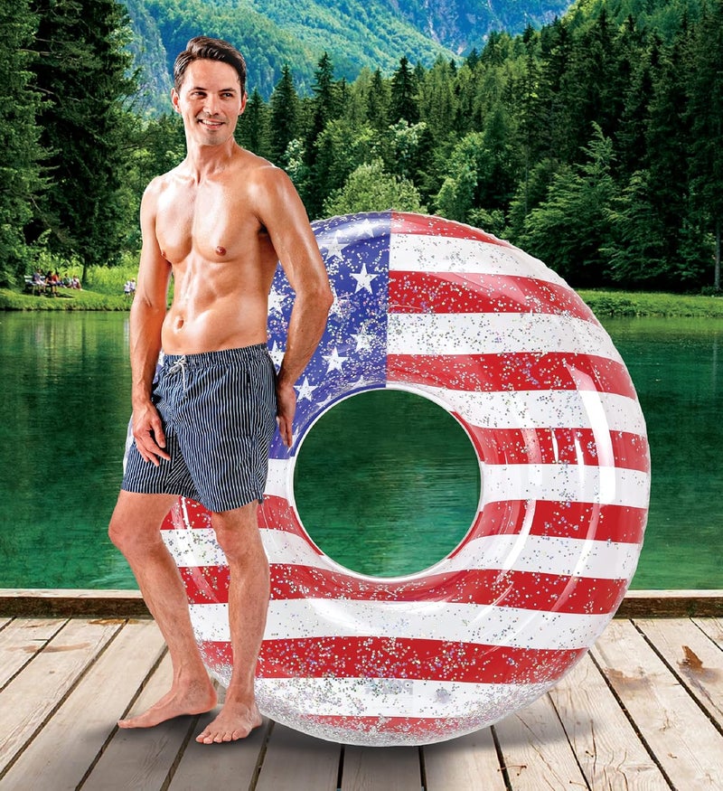POZA Inflatable USA Pool Float - Luxurious Fun Lounger Filled with Sparkle Silver Stars Confetti, Cool USA Flag Design Water Swimming Pool Floaties for Beach, Lake & Pool - Image 5