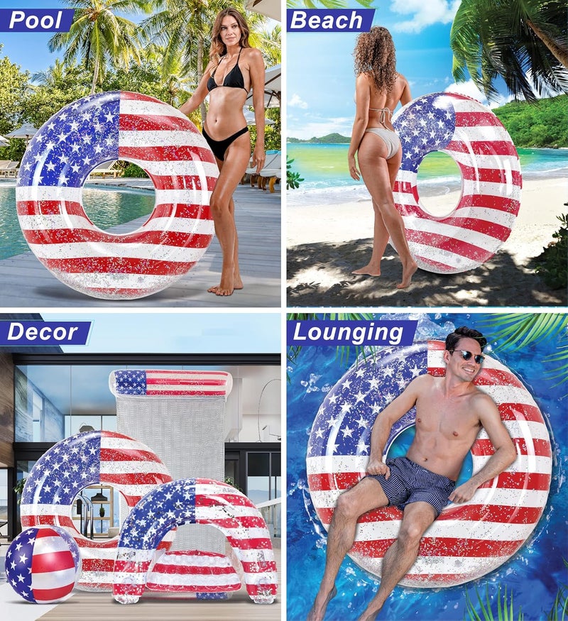 POZA Inflatable USA Pool Float - Luxurious Fun Lounger Filled with Sparkle Silver Stars Confetti, Cool USA Flag Design Water Swimming Pool Floaties for Beach, Lake & Pool - Image 3