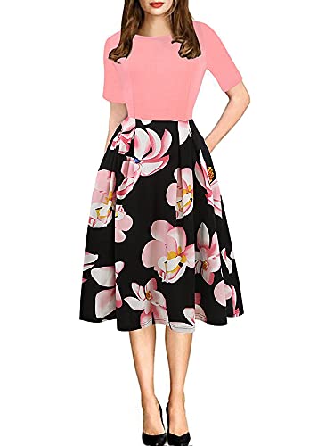 oxiuly Women's Vintage Patchwork Pockets Puffy Swing Casual Party Dress OX165 (Pink, m) - Image 5