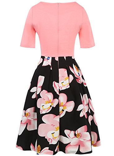 oxiuly Women's Vintage Patchwork Pockets Puffy Swing Casual Party Dress OX165 (Pink, m) - Image 2