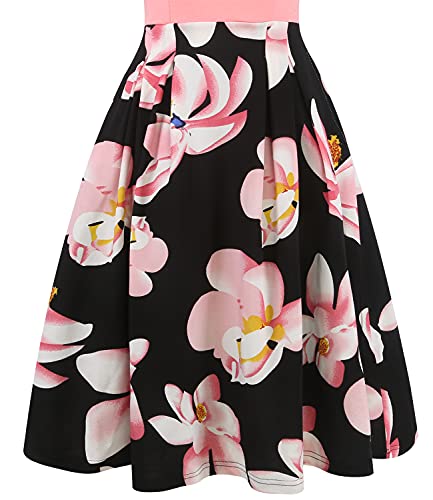 oxiuly Women's Vintage Patchwork Pockets Puffy Swing Casual Party Dress OX165 (Pink, m) - Image 4