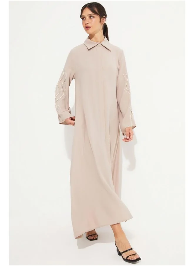 جون June Embroidered Detailed Shirt Neck Dress Beige