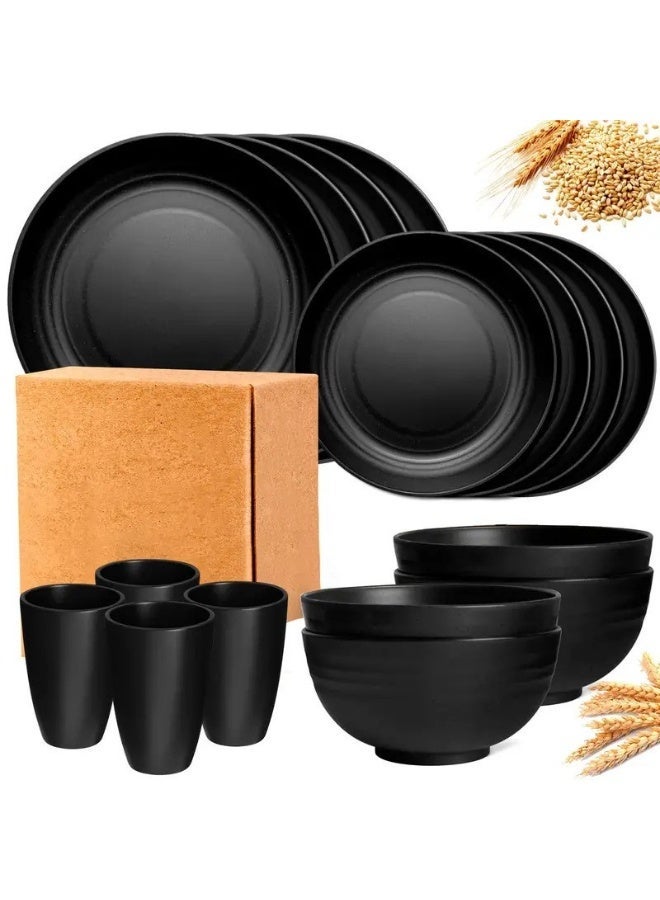JFYP 16-Piece Plastic Wheat Straw Tableware Set, Wheat Straw Plate and Bowl Set, Environmentally Friendly and Safe, Must-Have for College Dorms, Microwave and Dishwasher Safe (Black) - Image 1