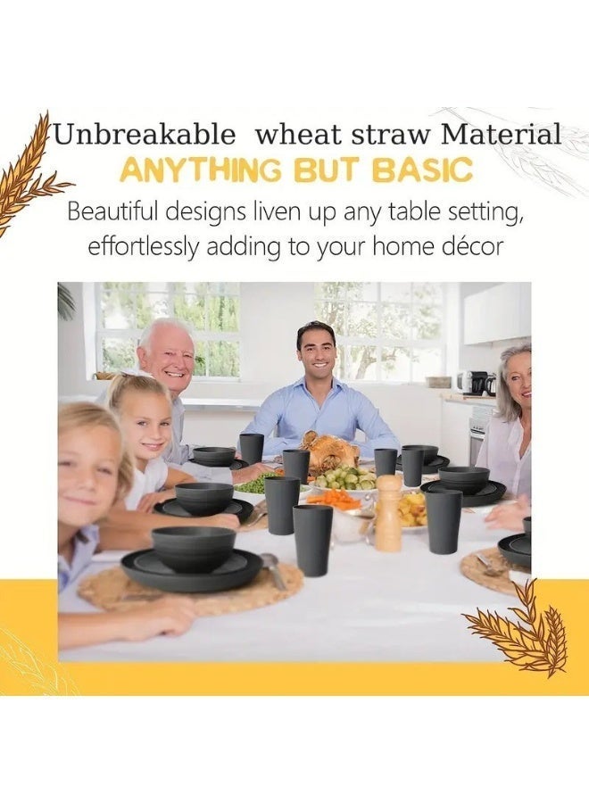 JFYP 16-Piece Plastic Wheat Straw Tableware Set, Wheat Straw Plate and Bowl Set, Environmentally Friendly and Safe, Must-Have for College Dorms, Microwave and Dishwasher Safe (Black) - Image 4