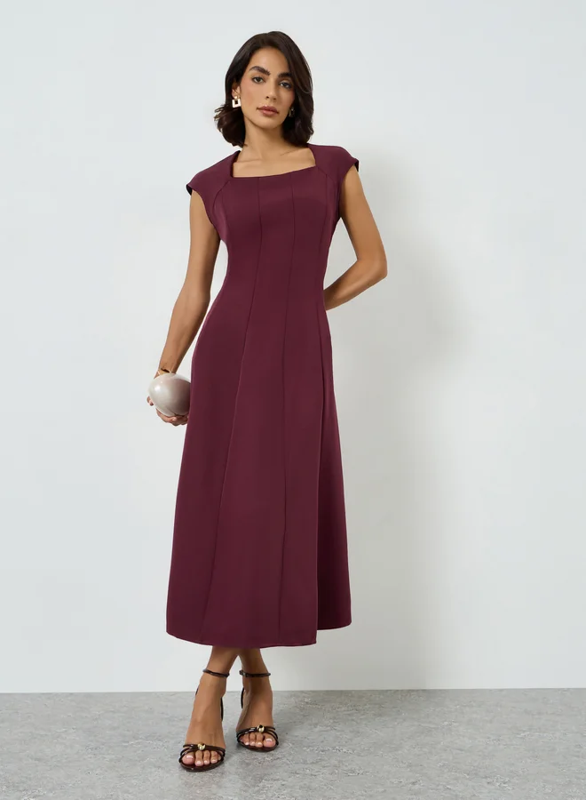 تايك تو Maroon Square Neck A-Line Midi Dress