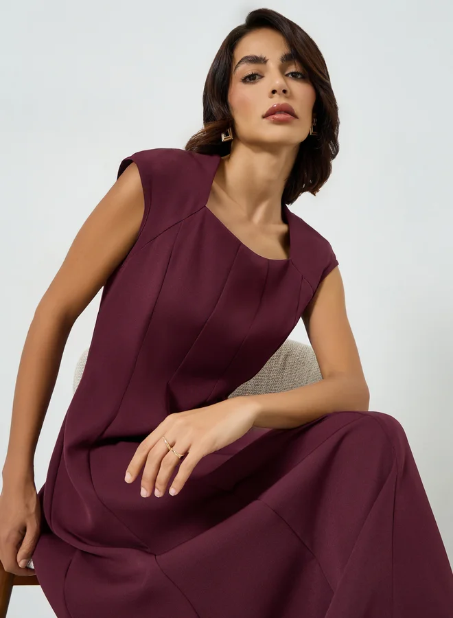 تايك تو Maroon Square Neck A-Line Midi Dress