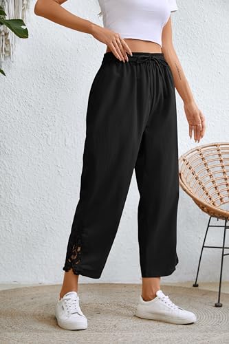 Jokeluck Women Casual Lightweight Drawstring Elastic Waist Cropped Linen Pants Fall Spring Slacks Capri Pants Trendy Fashion 2025 Beach Trousers with Pockets Black Small - Image 5