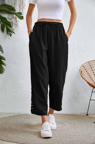 Jokeluck Women Casual Lightweight Drawstring Elastic Waist Cropped Linen Pants Fall Spring Slacks Capri Pants Trendy Fashion 2025 Beach Trousers with Pockets Black Small - Image 4