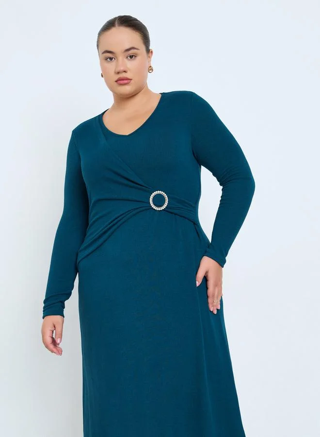 Styli Plus Size Plain Long Sleeves A-Line Midi Dress