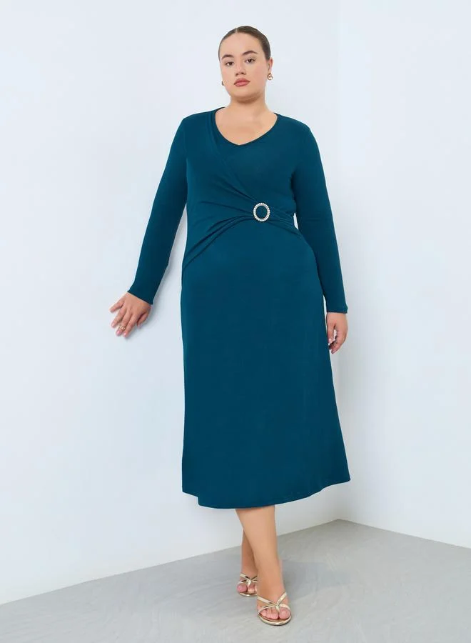 Styli Plus Size Plain Long Sleeves A-Line Midi Dress