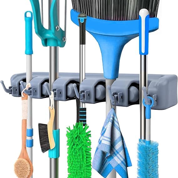 CHALISA Heavy Duty Broom Holder Wall Mounted Mop Holder for Wall Organizer with 5 Slots and 6 Hooks Durable ABS Material Grey Color Tool Organiser for Home Garden Garage Office